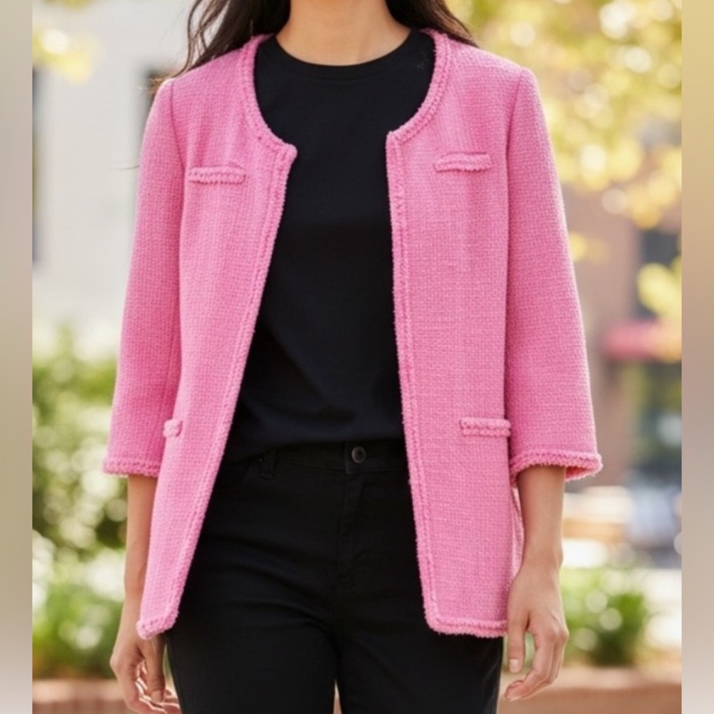 Zara Fantasy Pink Textured Tweed Chenille Pink Long-Line Blazer Open-Front Sz L